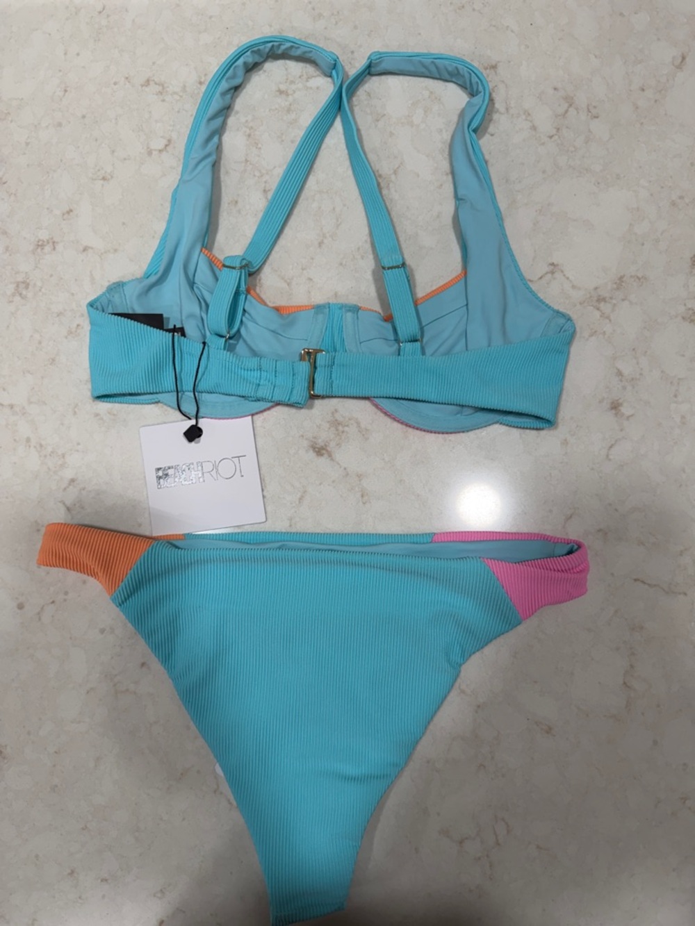 Beach Riot Turquoise Pink Orange Colorblock Ribbed Bikini - Picture 2 of 4